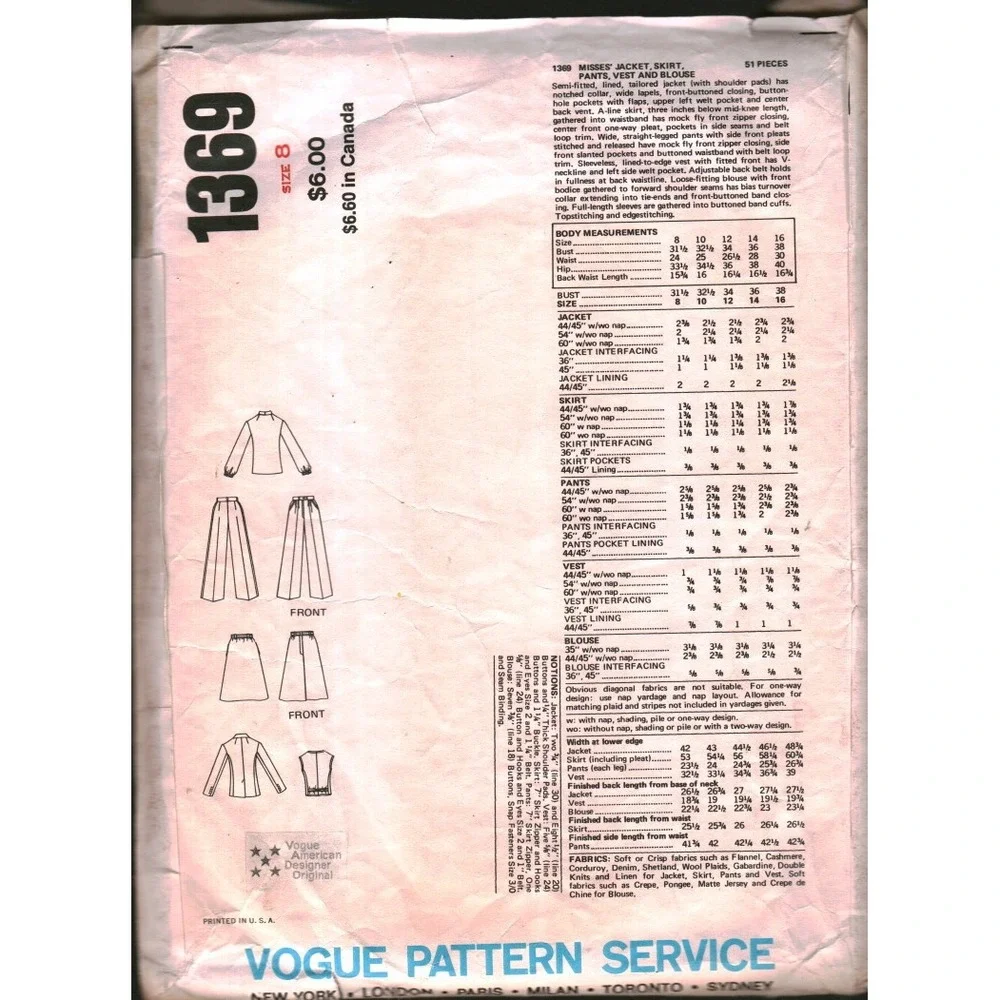 Vogue American Designer 1369 Calvin Klein Jacket Vest Skirt Pants Pattern Size 8